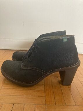 El Naturalista Black Suede Lace-Up Heel Ankle Boots